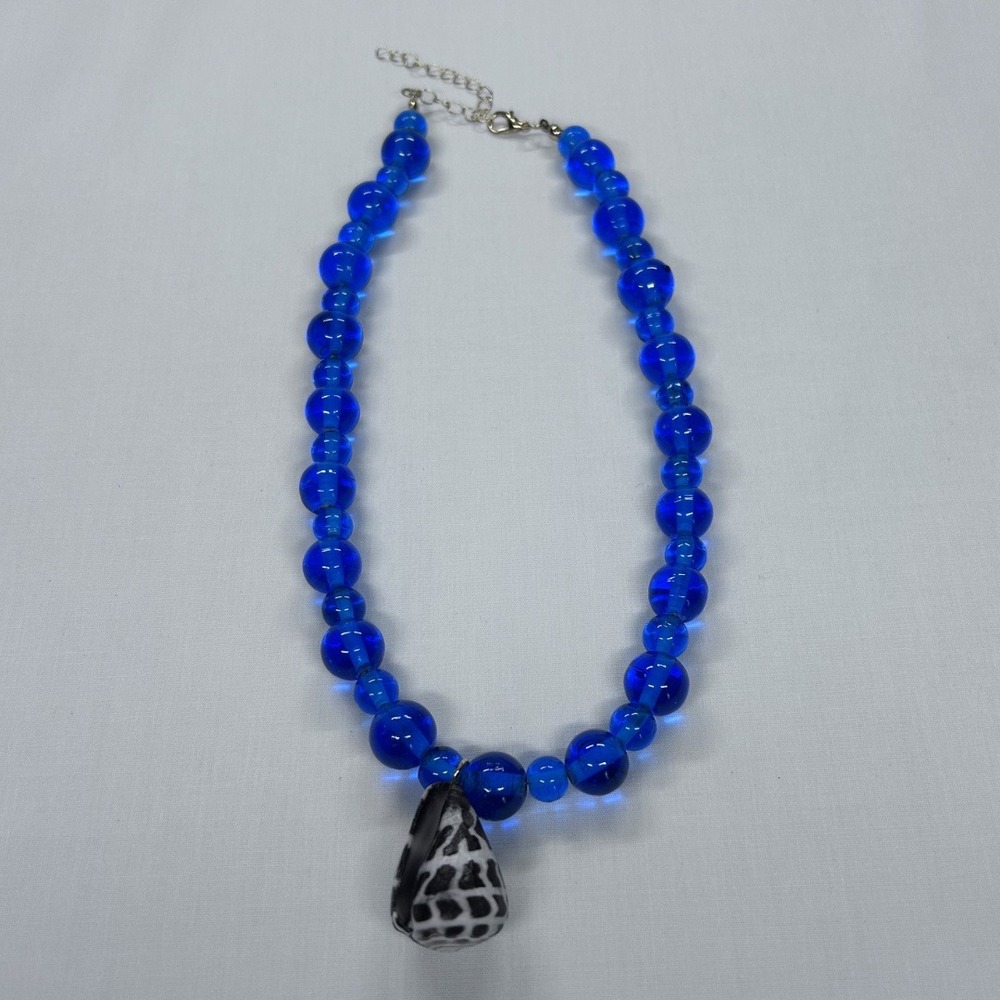 Handmade Resin Filled Cone Shell Pendant Royal Blue Glass Beaded Necklace